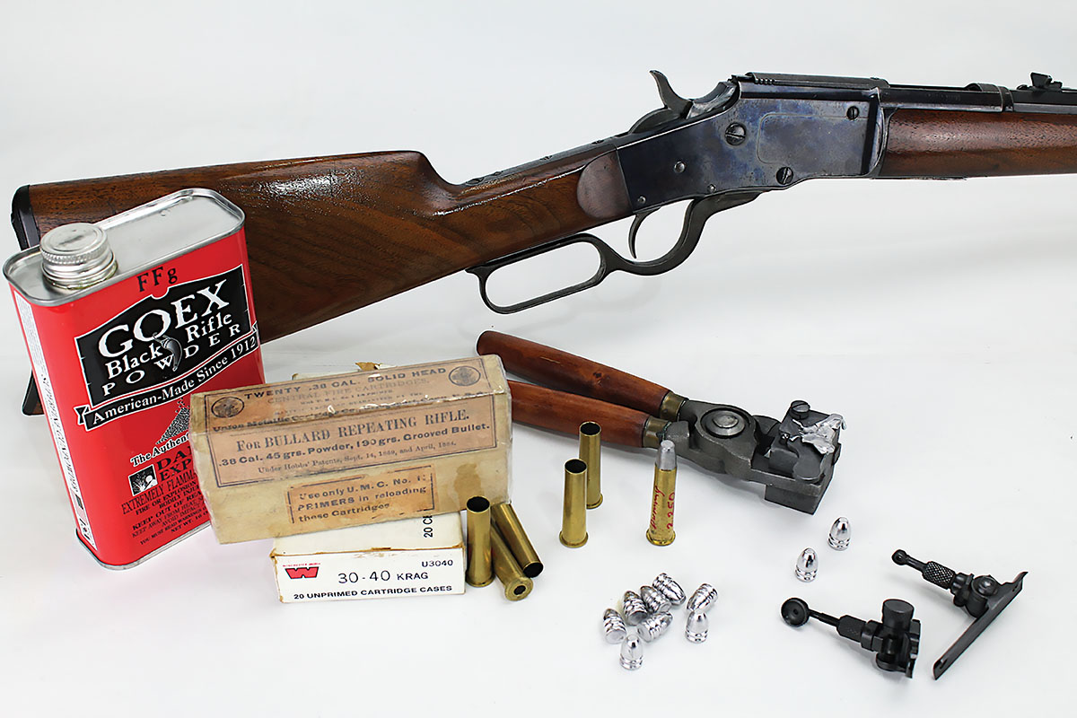 Bullard rifles outclassed Winchester and Marlin leverguns, but at twice the price. With its proprietary cartridge long extinct, brass can be formed from 30-40 Krag or 303 British. Bullets are .373 inch.